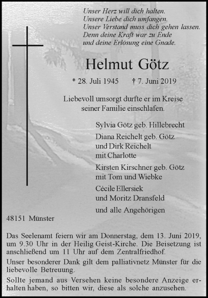  Traueranzeige für Helmut Götz vom 11.06.2019 aus Westfälische Nachrichten