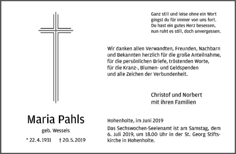  Traueranzeige für Maria Pahls vom 29.06.2019 aus Westfälische Nachrichten