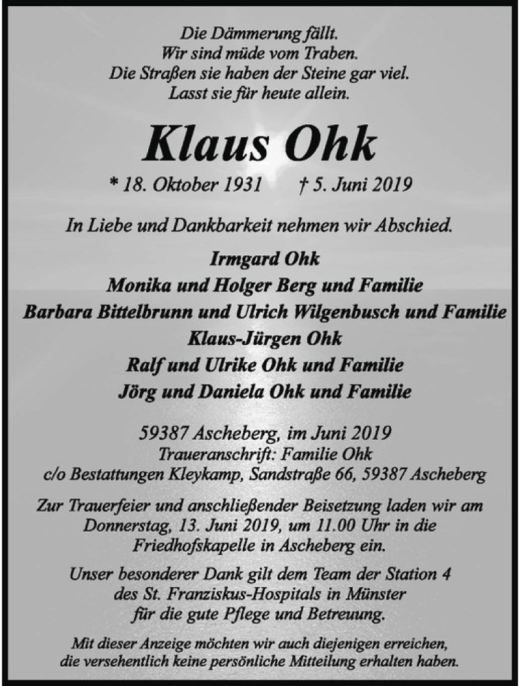  Traueranzeige für Klaus Ohk vom 08.06.2019 aus Westfälische Nachrichten