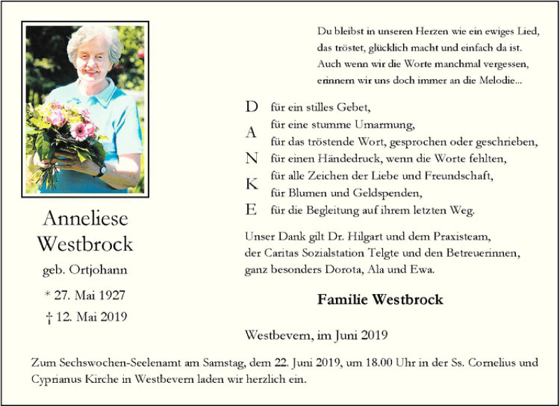  Traueranzeige für Anneliese Westbrock vom 15.06.2019 aus Westfälische Nachrichten