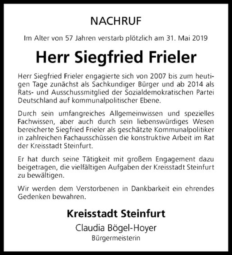  Traueranzeige für Siegfried Frieler vom 05.06.2019 aus Westfälische Nachrichten