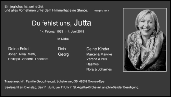 Anzeige von Jutta Hengst von Westfälische Nachrichten