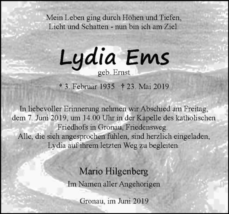  Traueranzeige für Lydia Ems vom 01.06.2019 aus Westfälische Nachrichten