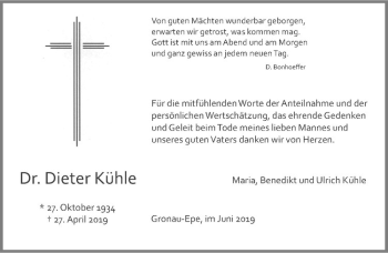 Anzeige von Dieter Kühle von Westfälische Nachrichten