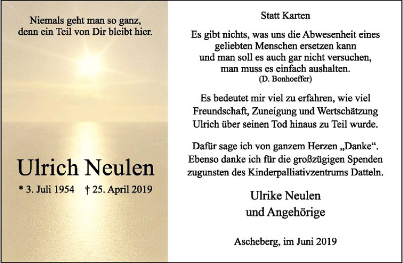  Traueranzeige für Ulrich Neulen vom 08.06.2019 aus Westfälische Nachrichten