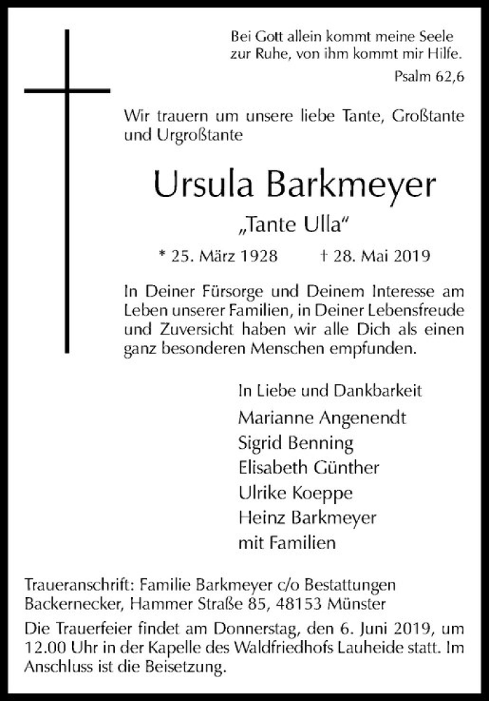  Traueranzeige für Ursula Barkmeyer vom 01.06.2019 aus Westfälische Nachrichten