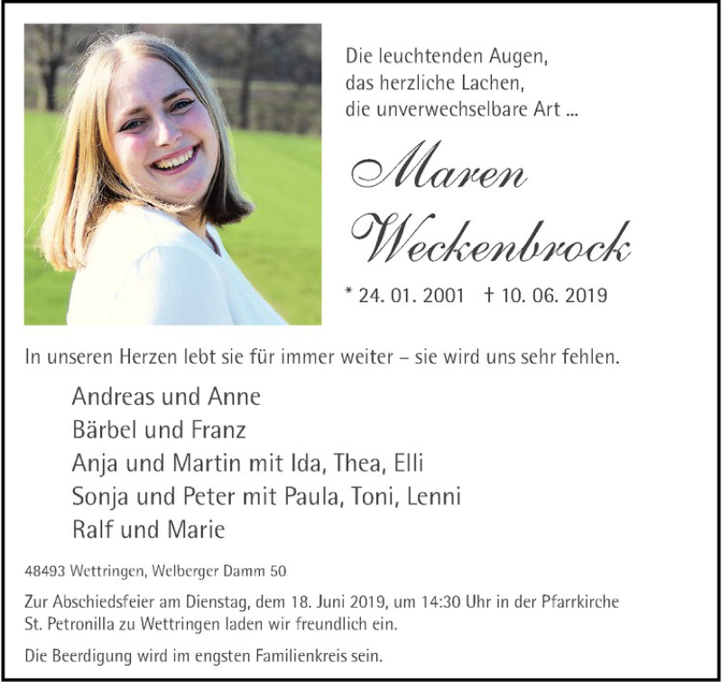  Traueranzeige für Maren Weckenbrock vom 14.06.2019 aus Westfälische Nachrichten