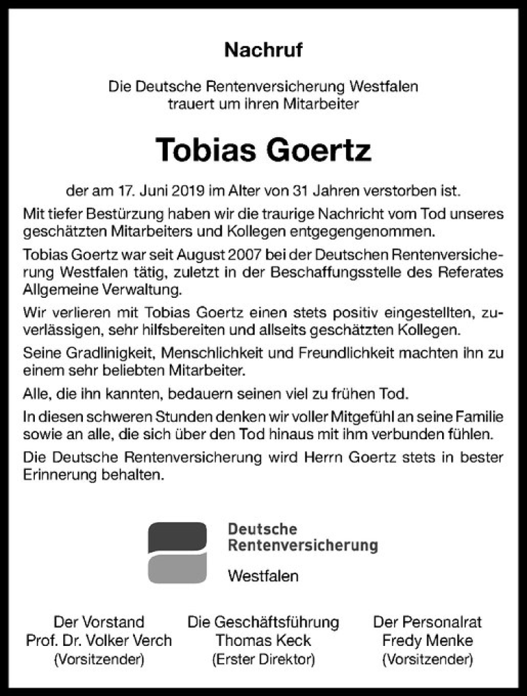  Traueranzeige für Tobias Goertz vom 29.06.2019 aus Westfälische Nachrichten