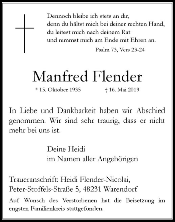 Anzeige von Manfred Flender von Westfälische Nachrichten