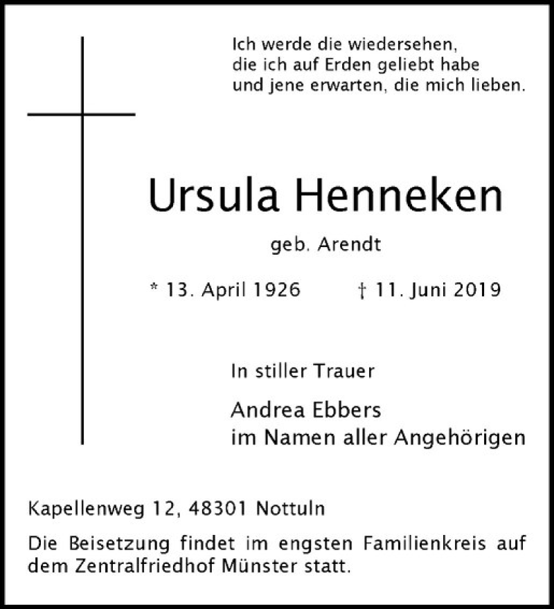  Traueranzeige für Ursula Henneken vom 15.06.2019 aus Westfälische Nachrichten