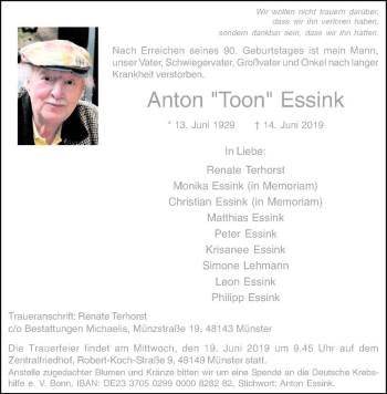Anzeige von Anton Essink von Westfälische Nachrichten