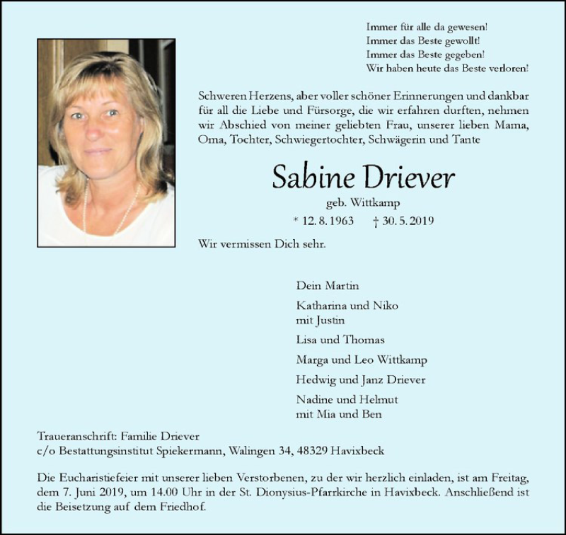  Traueranzeige für Sabine Driever vom 01.06.2019 aus Westfälische Nachrichten