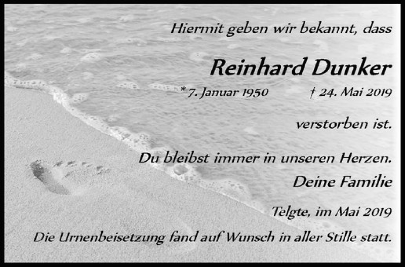  Traueranzeige für Reinhard Dunker vom 08.06.2019 aus Westfälische Nachrichten