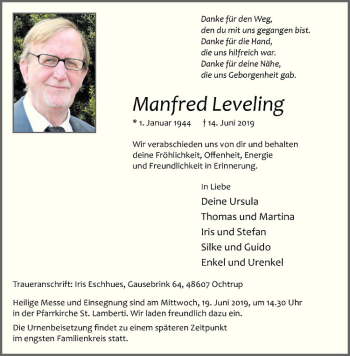 Anzeige von Manfred Leveling von Westfälische Nachrichten