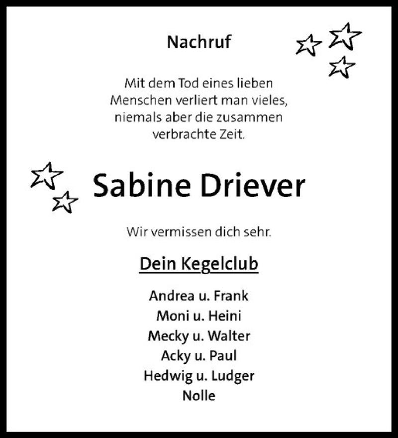  Traueranzeige für Sabine Driever vom 08.06.2019 aus Westfälische Nachrichten