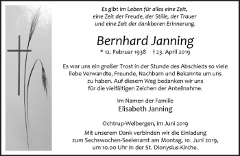 Anzeige von Bernhard Janning von Westfälische Nachrichten