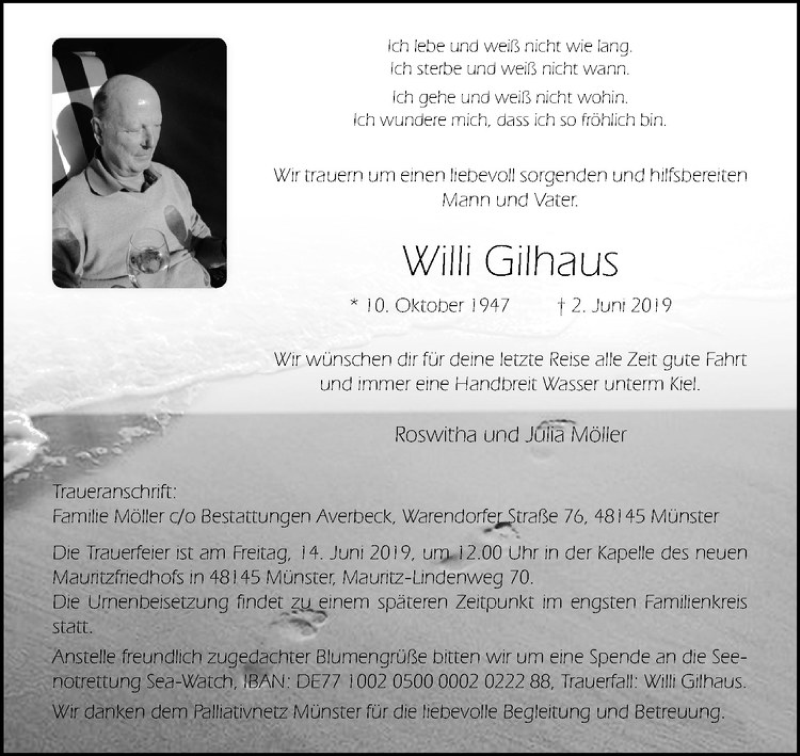  Traueranzeige für Willi Gilhaus vom 08.06.2019 aus Westfälische Nachrichten