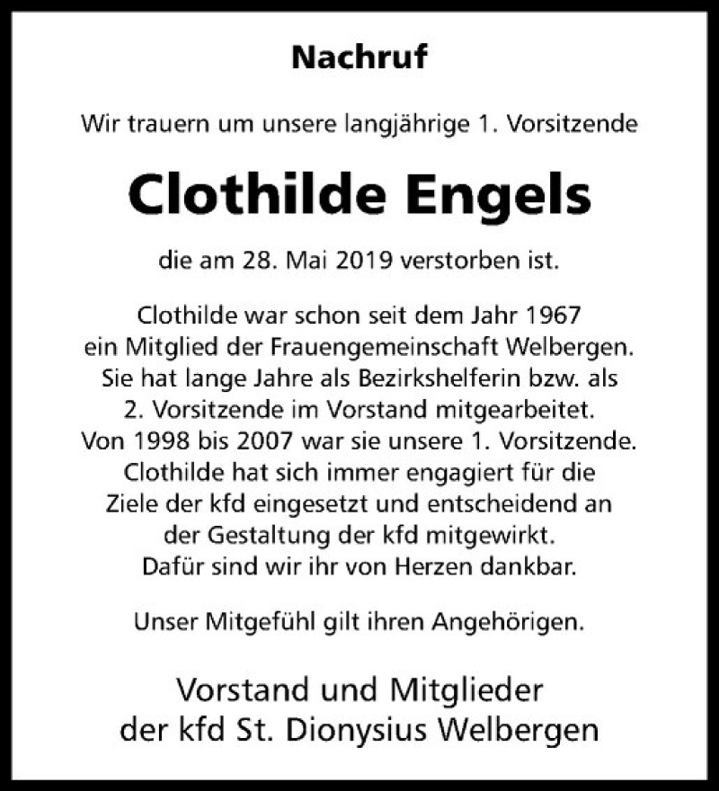  Traueranzeige für Clothilde Engels vom 06.06.2019 aus Westfälische Nachrichten