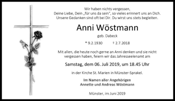 Anzeige von Anni Wöstmann von Westfälische Nachrichten
