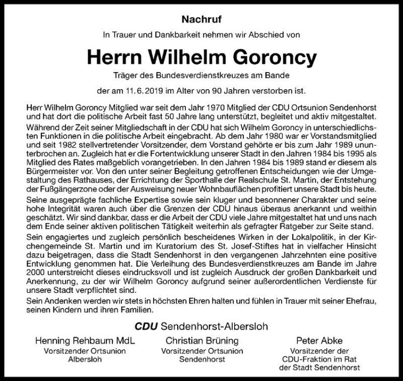 Traueranzeige für Wilhelm Goroncy vom 15.06.2019 aus Westfälische Nachrichten