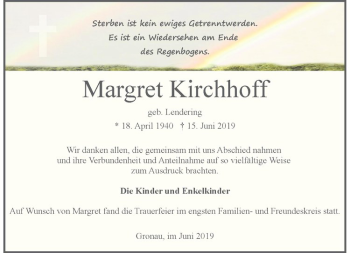 Anzeige von Margret Kirchhoff von Westfälische Nachrichten