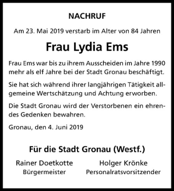 Anzeige von Lydia Ems von Westfälische Nachrichten