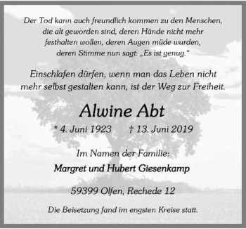 Anzeige von Alwine Abt von Westfälische Nachrichten