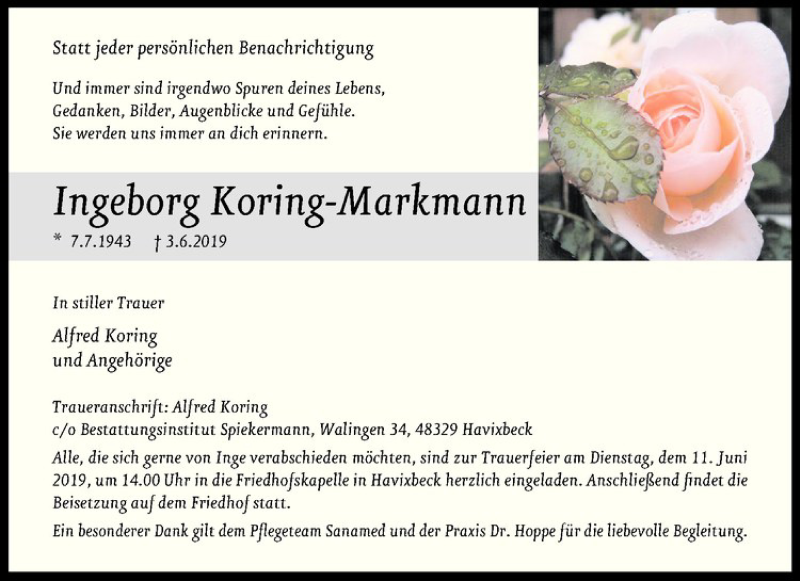  Traueranzeige für Ingeborg Koring-Markmann vom 05.06.2019 aus Westfälische Nachrichten