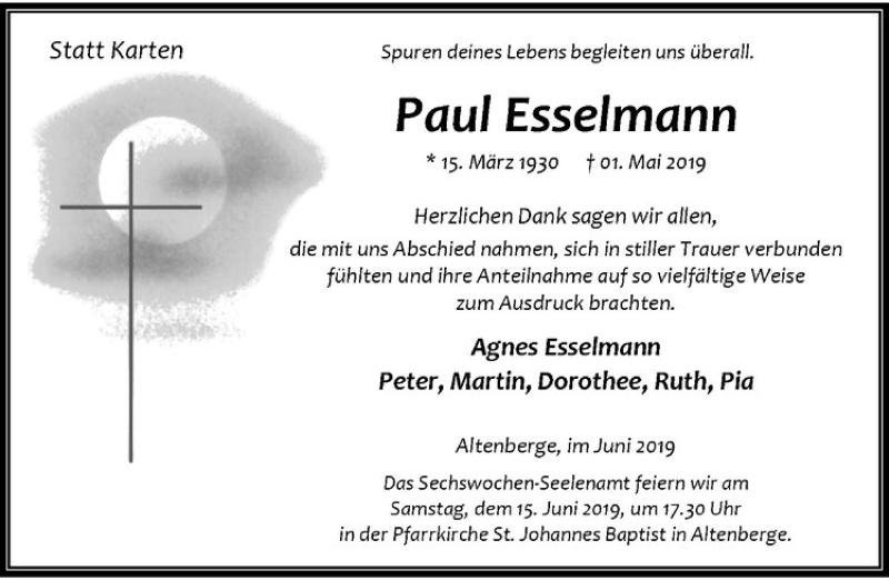  Traueranzeige für Paul Esselmann vom 08.06.2019 aus Westfälische Nachrichten