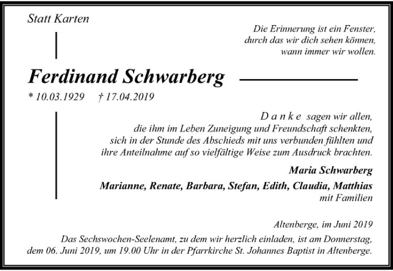  Traueranzeige für Ferdinand Schwarberg vom 01.06.2019 aus Westfälische Nachrichten