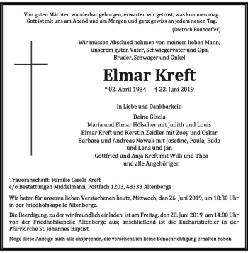 Anzeige von Elmar Kreft von Westfälische Nachrichten