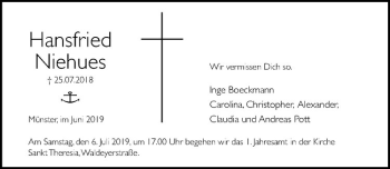 Anzeige von Hansfried Niehues von Westfälische Nachrichten