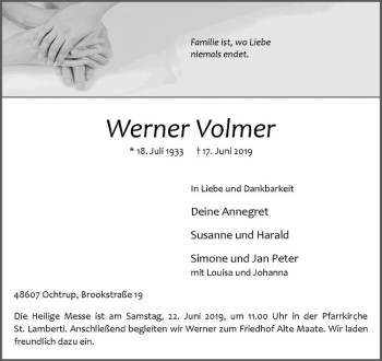 Anzeige von Werner Volmer von Westfälische Nachrichten