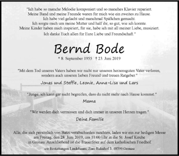 Anzeige von Bernd Bode von Westfälische Nachrichten