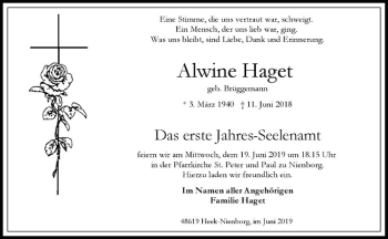 Anzeige von Alwine Haget von Westfälische Nachrichten