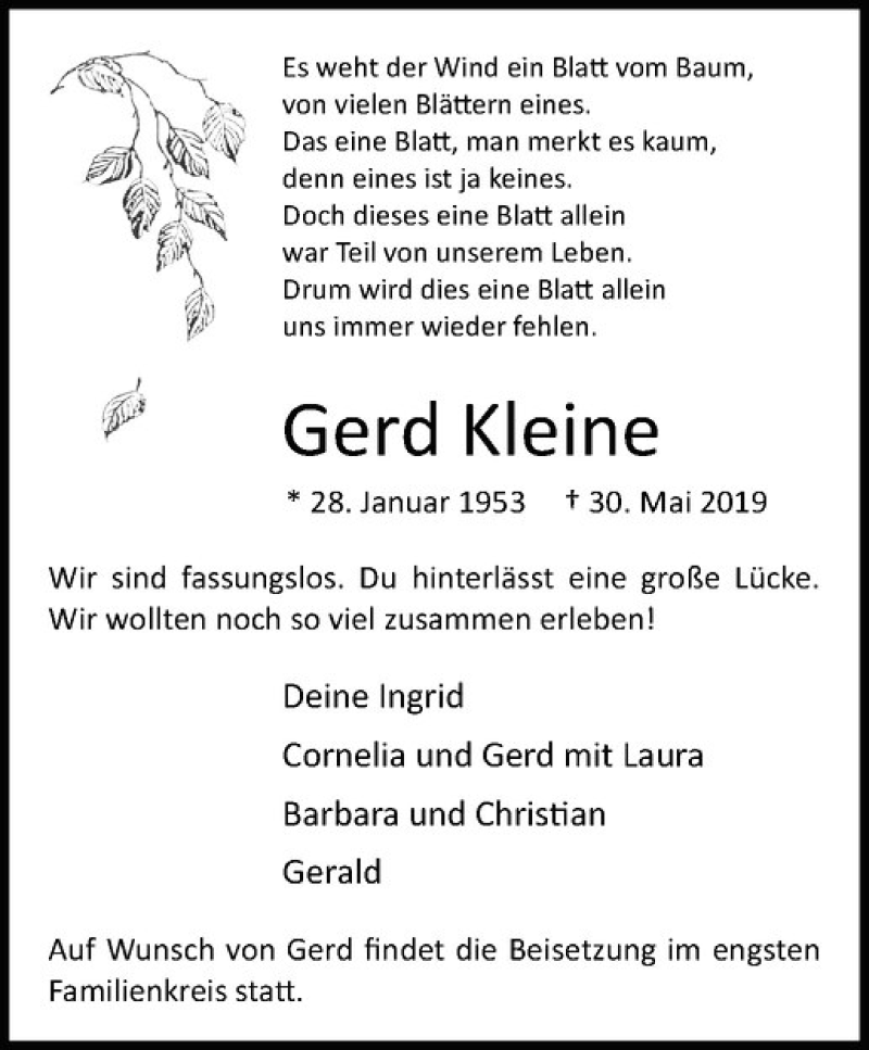  Traueranzeige für Gerd Kleine vom 08.06.2019 aus Westfälische Nachrichten