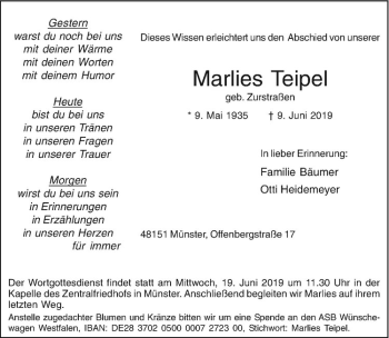 Anzeige von Marlies Teipel von Westfälische Nachrichten