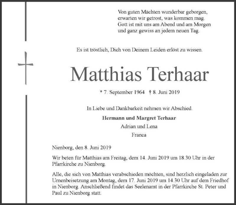  Traueranzeige für Matthias Terhaar vom 12.06.2019 aus Westfälische Nachrichten