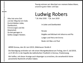 Anzeige von Ludwig Robers von Westfälische Nachrichten