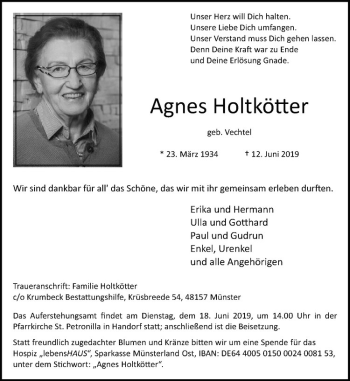 Anzeige von Agnes Holtkötter von Westfälische Nachrichten