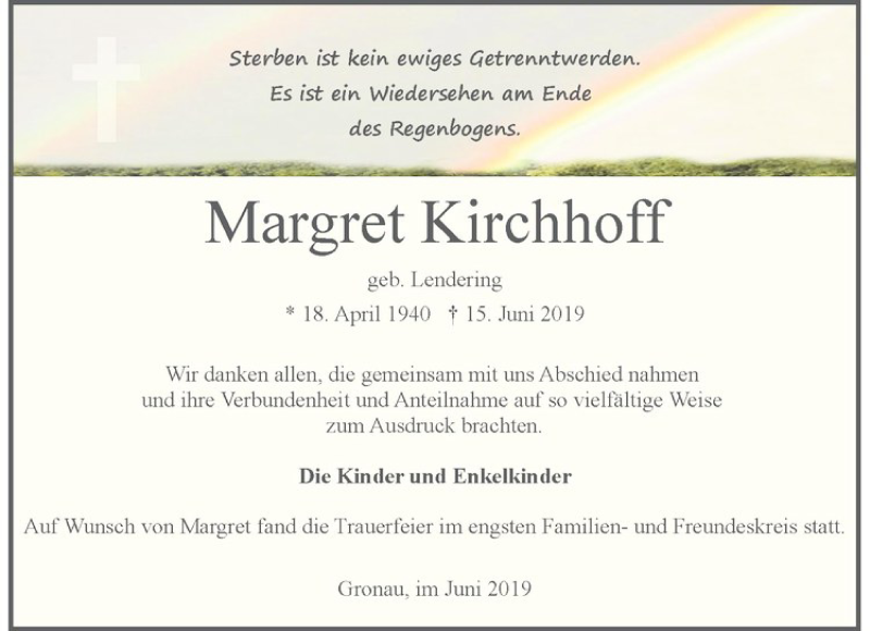  Traueranzeige für Margret Kirchhoff vom 29.06.2019 aus Westfälische Nachrichten