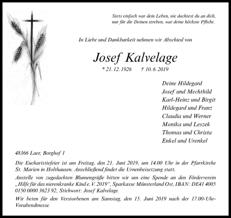  Traueranzeige für Josef Kalvelage vom 15.06.2019 aus Westfälische Nachrichten