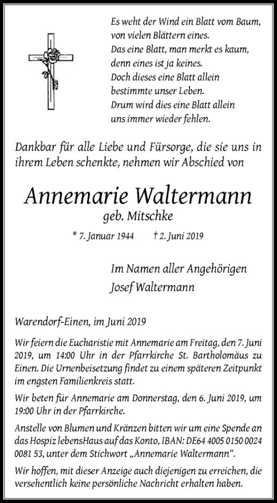  Traueranzeige für Annemarie Waltermann vom 04.06.2019 aus Westfälische Nachrichten