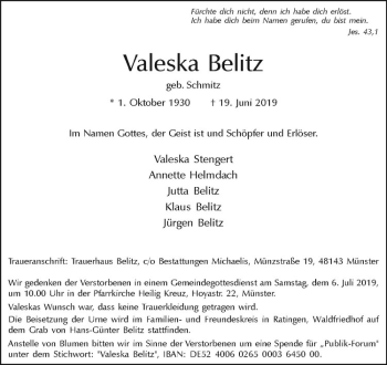 Anzeige von Valeska Belitz von Westfälische Nachrichten