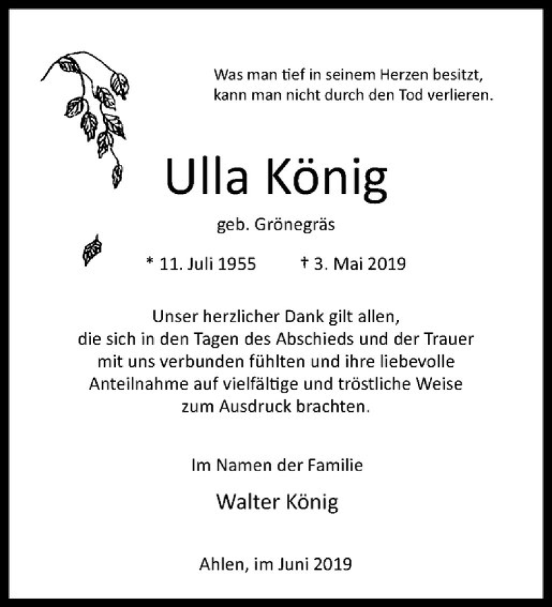  Traueranzeige für Ulla König vom 25.06.2019 aus Westfälische Nachrichten
