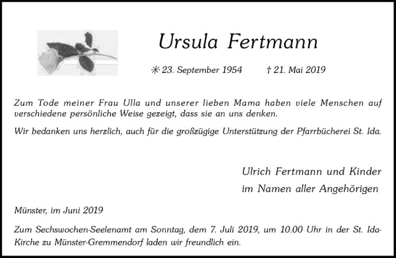  Traueranzeige für Ursula Fertmann vom 29.06.2019 aus Westfälische Nachrichten