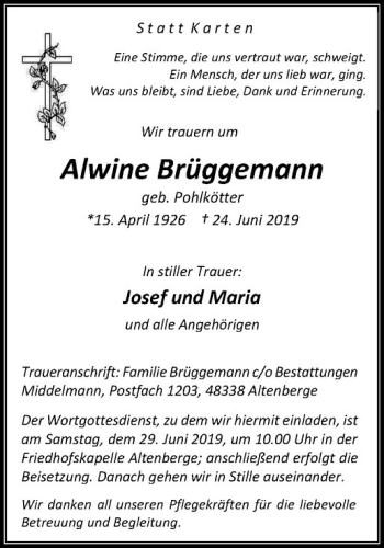Anzeige von Alwine Brüggemann von Westfälische Nachrichten