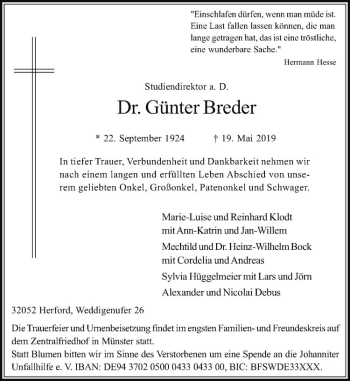 Anzeige von Günter Breder von Westfälische Nachrichten