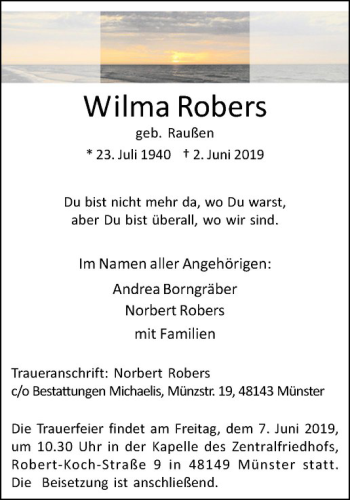 Anzeige von Wilma Robers von Westfälische Nachrichten