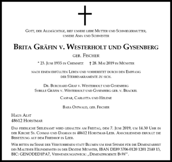Anzeige von Brita Gräfin v. Westerholt und Gysenberg von Westfälische Nachrichten